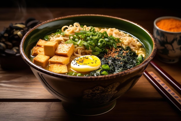 Foto una deliziosa ciotola di ramen vegetariano con tofu