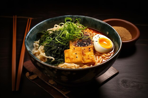 Premium AI Image | A mouthwatering bowl of vegetarian ramen with tofu