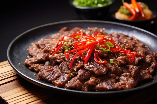 Photo mouthwatering bulgogi with red chili pepper garnish