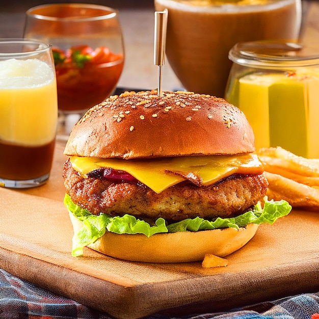 Foto un delizioso hamburger con una generosa quantità di formaggio coperto di pancetta croccante e fetta di avocado