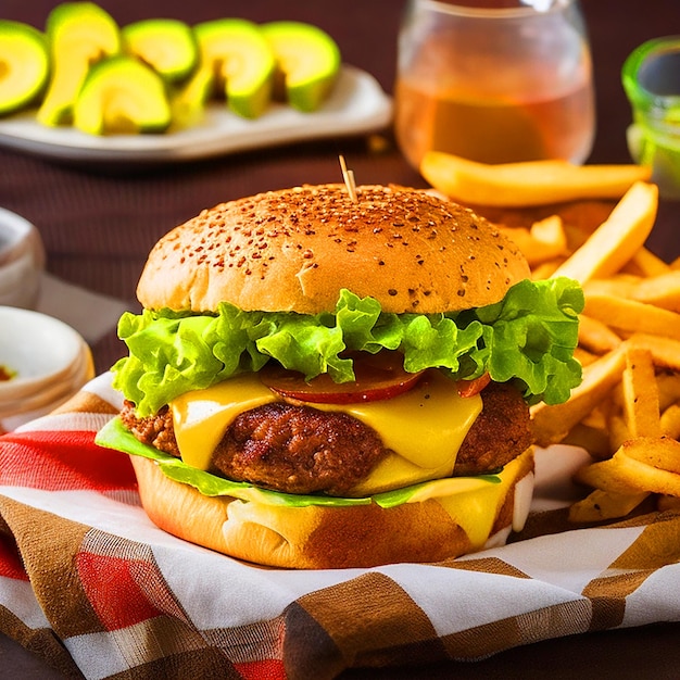 A mouthwatering burger with a generous amount of cheese topped with crispy bacon and avocado slice