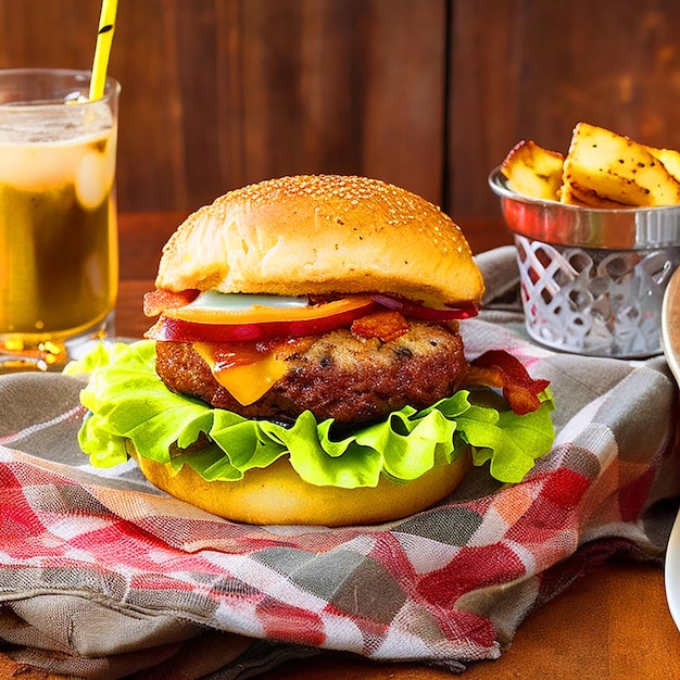 A mouthwatering burger with a generous amount of cheese topped with crispy bacon and avocado slice