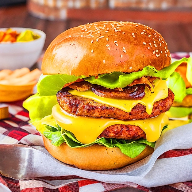 A mouthwatering burger with a generous amount of cheese topped with crispy bacon and avocado slice