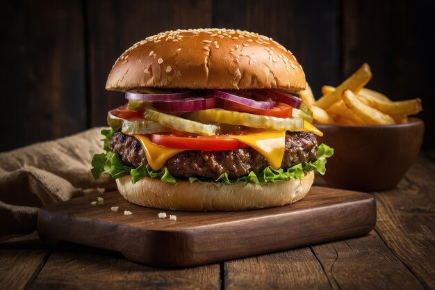 a mouthwatering cheese burger on a wooden table