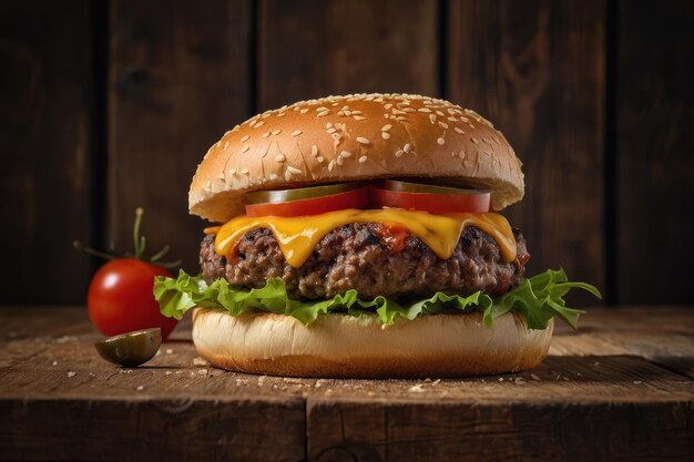 a mouthwatering cheese burger on a wooden table