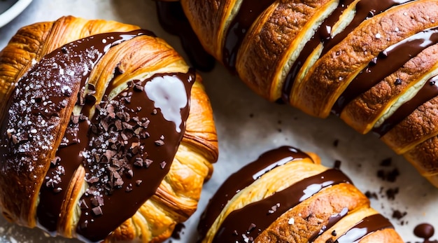 Foto un delizioso croissant al cioccolato con un delizioso ripieno cremoso