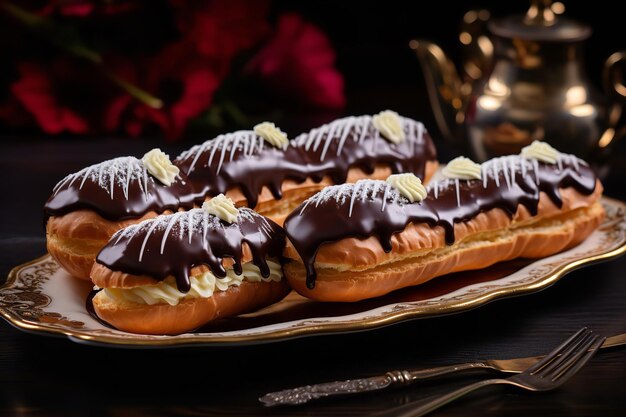 Mouthwatering Chocolate Eclairs on a Vintage Dessert