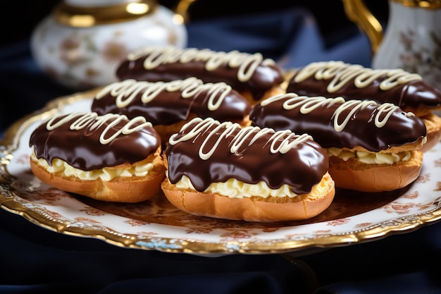 Mouthwatering Chocolate Eclairs on a Vintage Dessert