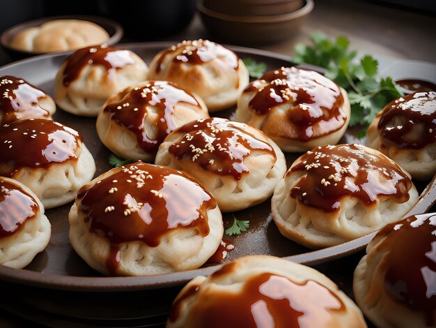 Photo a mouthwatering closeup photograph of a plate of freshly steamed cha siu bao barbecue pork buns with a shallow depth of field generative ai