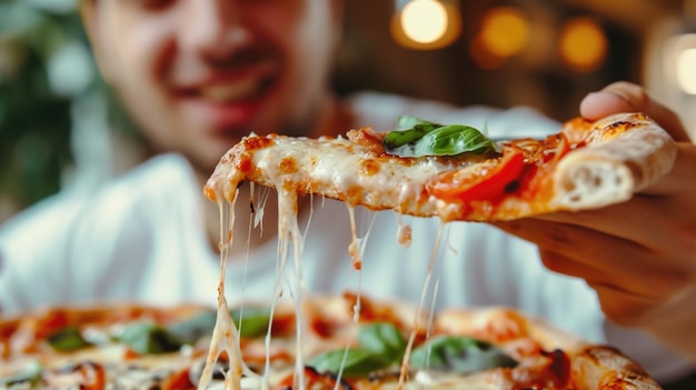 Mouthwatering closeup of a slice being taken from a delectable Italian pizza