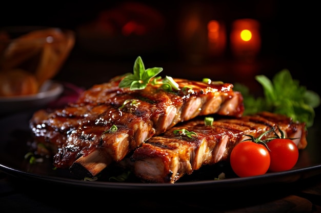 A mouthwatering dish of perfectly cooked spareribs showcasing their enticing juiciness and tenderne