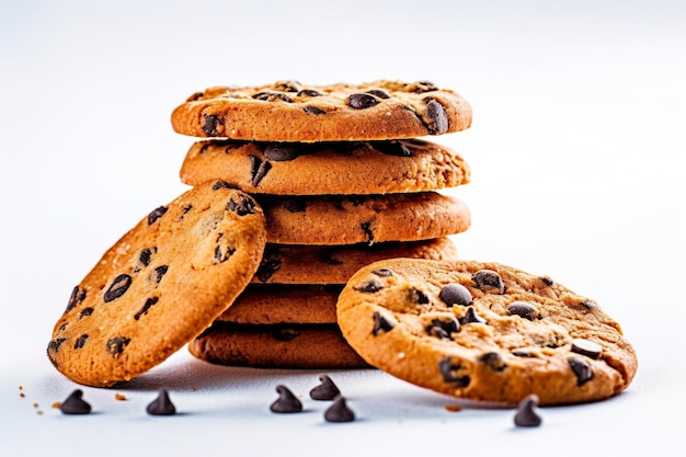 A mouthwatering display of chocolate chip cookies piled high on an isolated white studio background promises a delightful homemade indulgence AI Generated