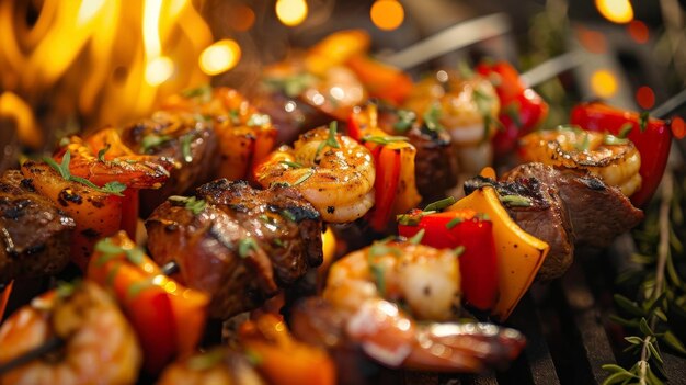 Photo a mouthwatering display of skewers each one bursting with juicy shrimp tender steak and a colorful