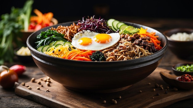 mouthwatering essence of bibimbap by photographing it on a dark wooden table details of each ingredi