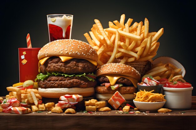 Foto selezione di fast food appetitosi