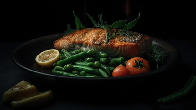 Mouthwatering fish meal with baked salmon green beans carrots and potatoes