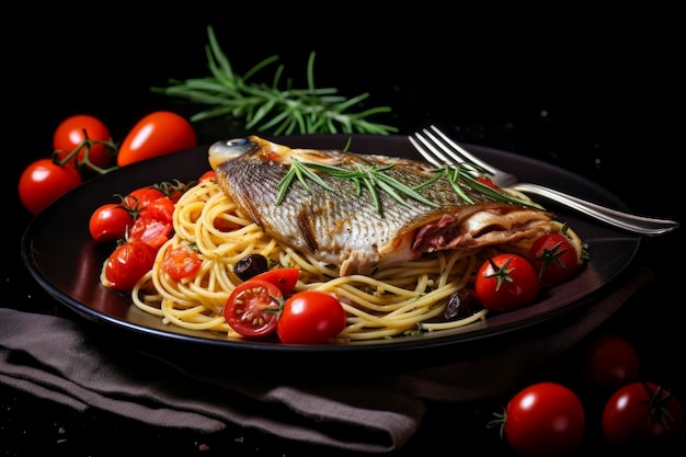 A mouthwatering food composition featuring perfectly cooked pasta and succulent fish