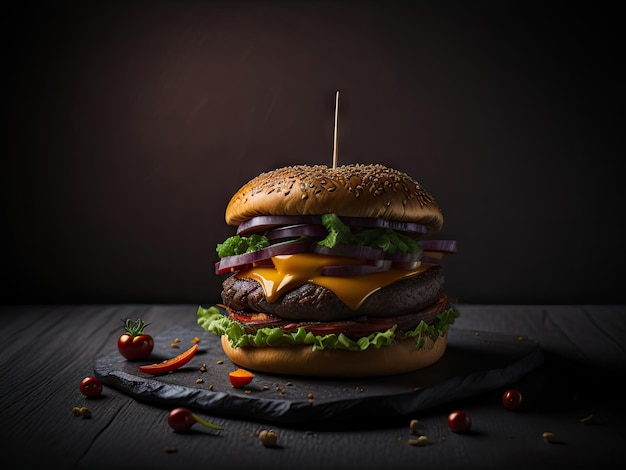 Mouthwatering hamburger on dark background ai generative