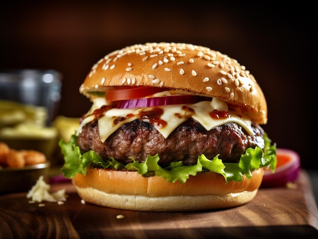 Mouthwatering hamburger on a wooden cutting board