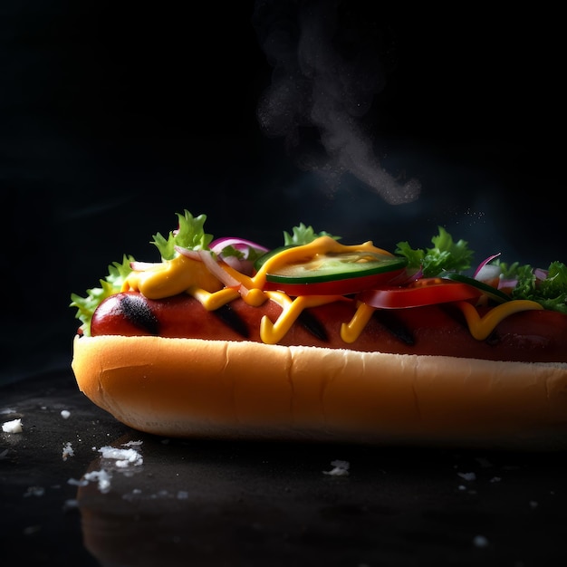 Photo mouthwatering hot dog garnished with ketchup mayonnaise and crisp greens on dark background generative ai