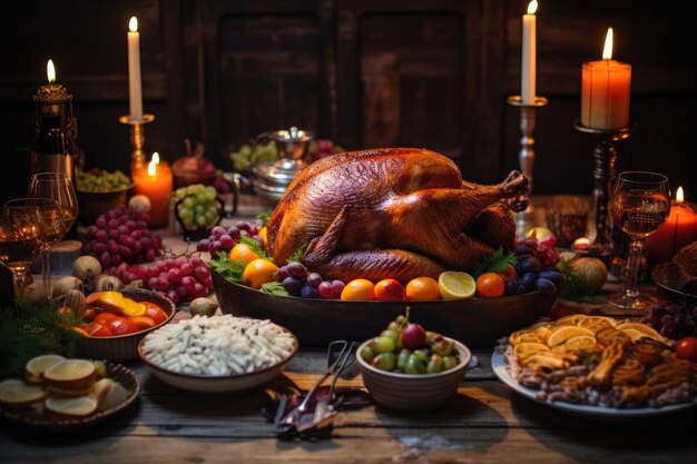 A mouthwatering image of a turkey sitting on a table with an assortment of other delectable dishes Rustic Thankgiving Dinner AI Generated AI Generated