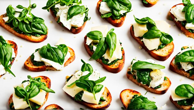 Mouthwatering Medley Mozzarella Pesto Arugula Parmesan on Bruschetta