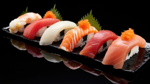 Mouthwatering Nigiri Sushi Set with Fresh Fish and Sake Authentic Japanese Food and Seafood