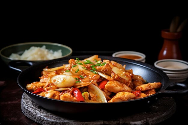 Photo mouthwatering plate of korean style dak galbi spicy chicken stir fry with cabbage and rice cakes