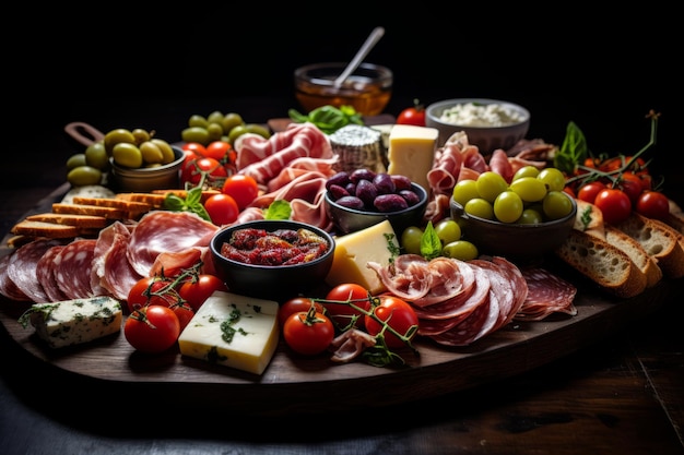 Foto piatto d'antipasti con carni curate formaggi olive e bruschetta ai generativa