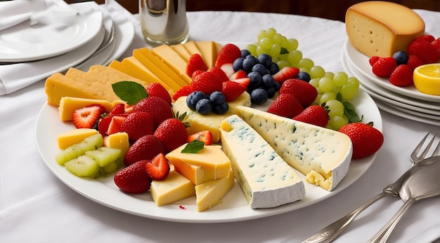 Mouthwatering platter of cheese and fruits vibrant colors tablecloth of round Hight table