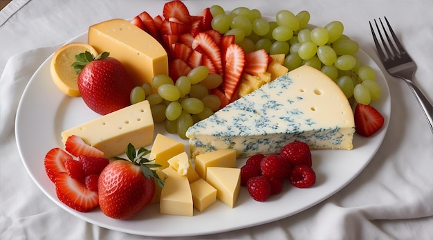 Mouthwatering platter of cheese and fruits vibrant colors tablecloth of round Hight table