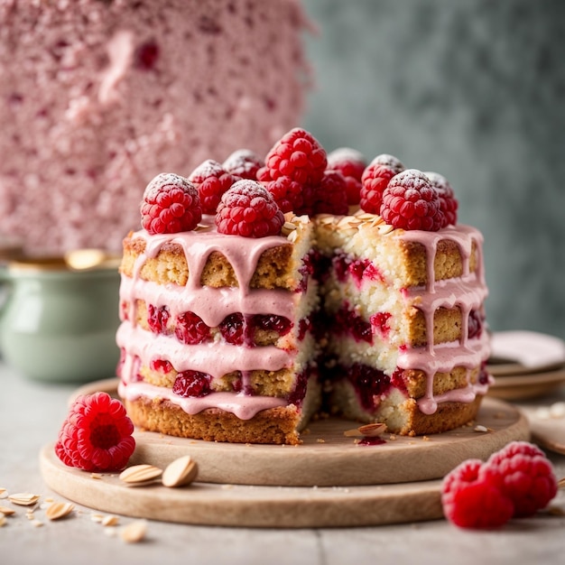 Photo a mouthwatering raspberry bakewell cake with layers of fluffy sponge tangy raspberry jam