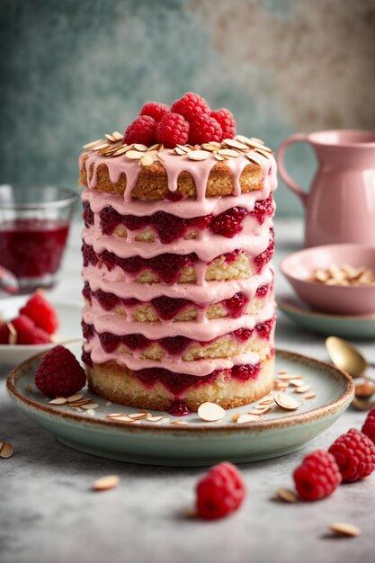 A mouthwatering raspberry bakewell cake with layers of fluffy sponge tangy raspberry jam