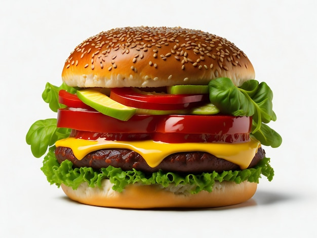 Photo a mouthwatering and realistic burger featuring a juicy patty fresh vegetables