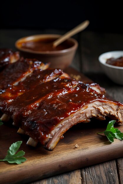 Mouthwatering ribs coated in BBQ sauce portraying the delicious cuisine and meat dishes available created with Generative AI technology