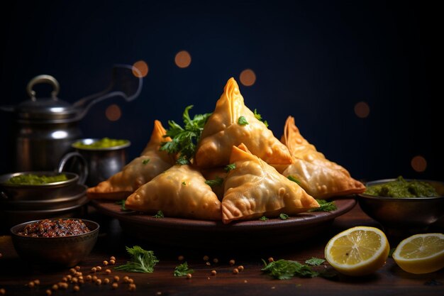 Foto una scena appetitosa che mostra buoni samosa vegetariani