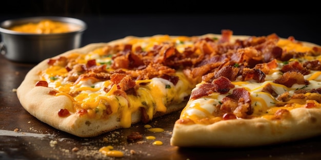 Photo a mouthwatering shot of a breakfastinspired pizza where a fluffy golden brown crust is lavishly topped with creamy scrambled eggs crispy bacon strips melted cheddar cheese and a drizzle