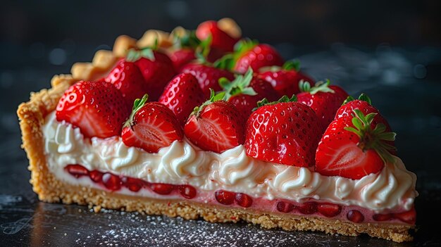 A mouthwatering slice of strawberry mousse tart with a buttery pastry crust filled with velvety m