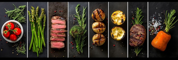 Photo mouthwatering steak products in captivating collage divided by white lines brightly illuminated