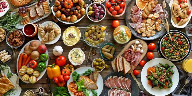 Foto una deliziosa varietà di deliziosi cibi stesi su una tavola per un banchetto