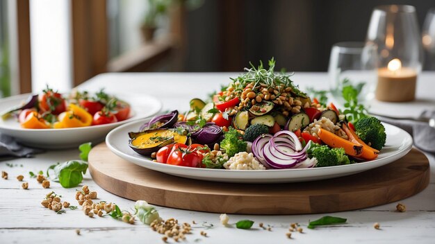 a mouthwatering visual narrative by photographing a veg food plate on a rustic white wooden table in