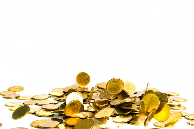 Movement of falling gold coin isolated on white background