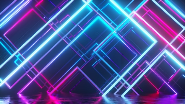 Movement of glass neon blocks. Modern ultraviolet lighting. Blue purple light spectrum. 3d illustration