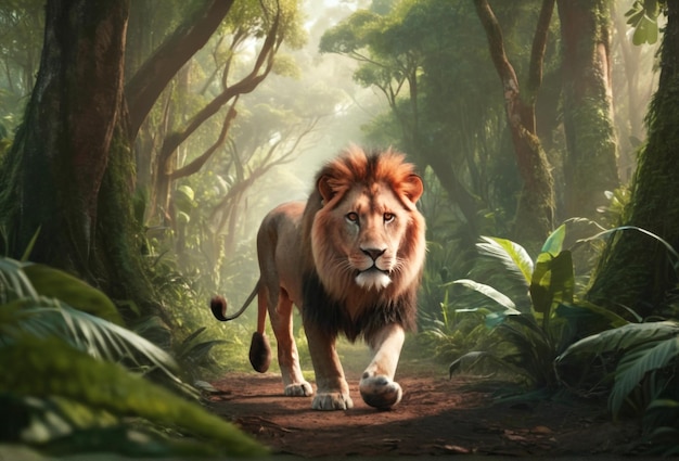 Движение льва в лесных джунглях с видом на реку во Всемирный день дикой природы