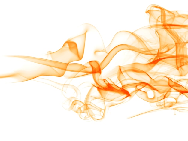 白い背景の上のオレンジ色の煙の抽象的な動き。黄色のインクの水彩画