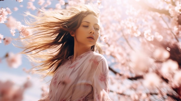 写真 ピンクの桜の園で美しい女の子の動き