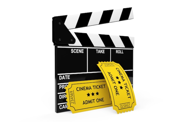 Movie clapper board and admit one tickets on a white background