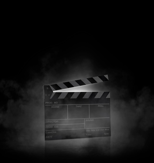 Photo movie clapper board on black background with smoke