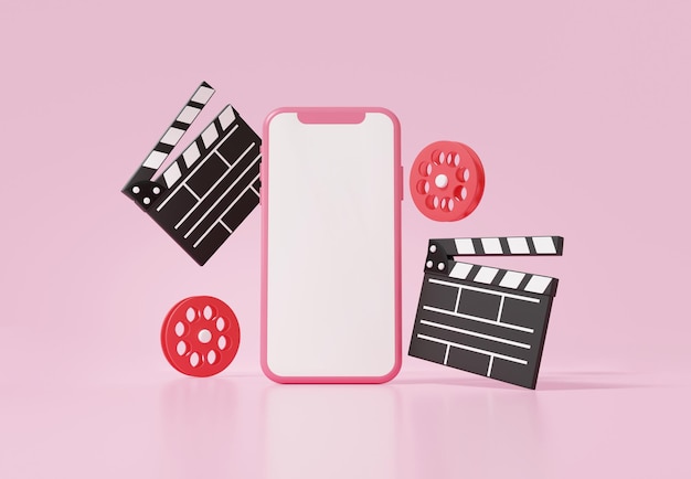 Movie clapper board creative video editing concept via
smartphone white screen with roll floating on pink background
cartoon minimal banner vlog entertainment 3d render
illustration