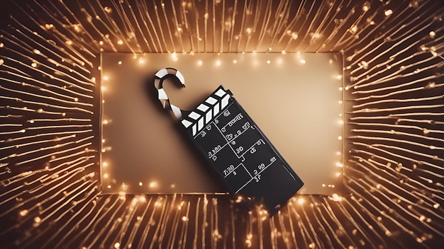 Photo movie clapper board on golden bokeh background cinema concept